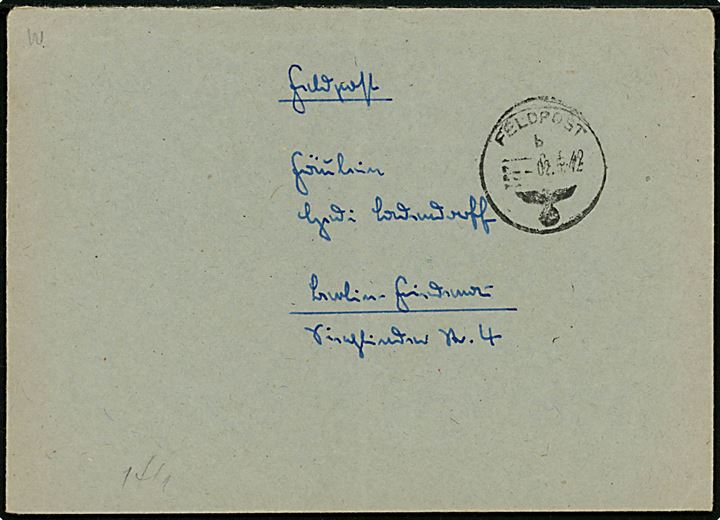 Ufrankeret tysk feltpostbrev med indhold dateret Krim og stemplet Feldpost d. 2.5.1942 til Berlin, Tyskland. Sendt fra feldpost no. 29845 (= 5. Batterie Flak-Regiment 64). Åbnet af feltpostcensur.