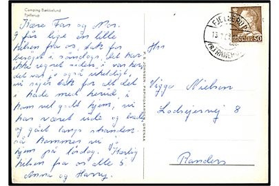 50 øre Fr. IX på brevkort (Bækkelund Camping) annulleret med pr.-stempel Fjellerup pr. Tranehuse d. 13.7.1967 til Randers.