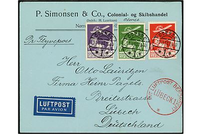 10 øre, 15 øre og 25 øre Luftpost på luftpostbrev fra Odense d. 13.12.1933 til Lübeck, Tyskland. Rødt luftpost stempel Mit Luftpost befördert Lübeck 1. 