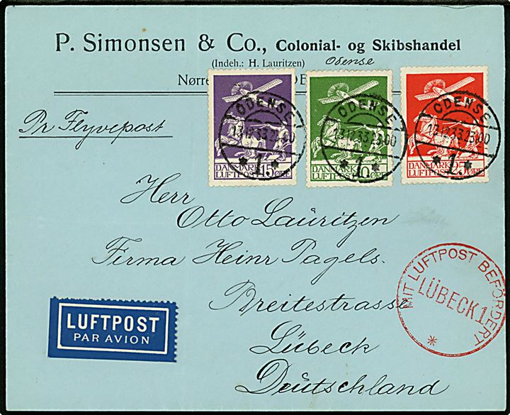 10 øre, 15 øre og 25 øre Luftpost på luftpostbrev fra Odense d. 13.12.1933 til Lübeck, Tyskland. Rødt luftpost stempel Mit Luftpost befördert Lübeck 1. 