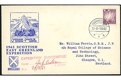 15 øre Nordlys på illustreret ekspeditionskuvert 1963 Scottish East Greenland Expedition fra Angmagssalik d. 27.8.1963 til Glasgow, Scotland.