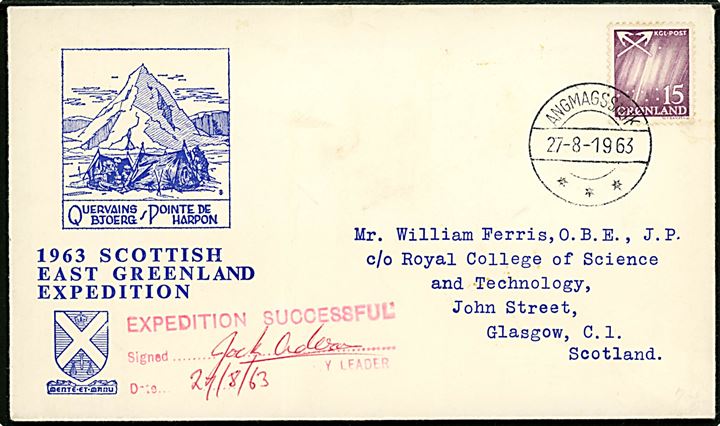 15 øre Nordlys på illustreret ekspeditionskuvert 1963 Scottish East Greenland Expedition fra Angmagssalik d. 27.8.1963 til Glasgow, Scotland.