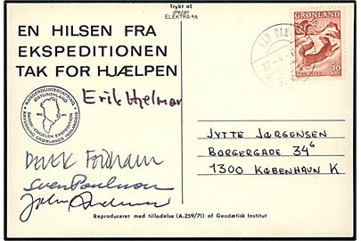 50 øre Drengen og Ræven på ekspeditionsbrevkort fra Dansk-Engelsk Ekspedition stemplet Kap Dan pr. Angmagssalik d. 22.4.1971 til København, Danmark. Underskrift fra ekspeditionsdeltagere.