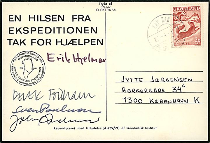 50 øre Drengen og Ræven på ekspeditionsbrevkort fra Dansk-Engelsk Ekspedition stemplet Kap Dan pr. Angmagssalik d. 22.4.1971 til København, Danmark. Underskrift fra ekspeditionsdeltagere.