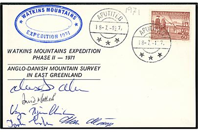 60 øre Hans Egede 250 år på uadresseret ekspeditionsbrevkort stemplet Aputiteq d. 18.7.1971 med sidestempel: Watkins Mountains Expedition 1971 og underskrift fra ekspeditionsdeltagere 