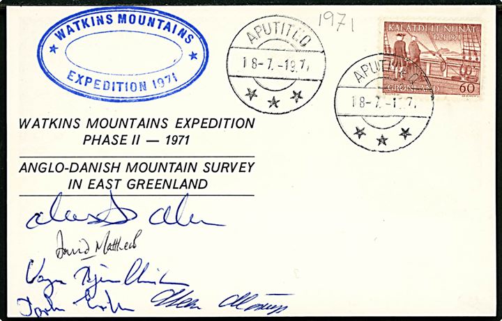 60 øre Hans Egede 250 år på uadresseret ekspeditionsbrevkort stemplet Aputiteq d. 18.7.1971 med sidestempel: Watkins Mountains Expedition 1971 og underskrift fra ekspeditionsdeltagere 