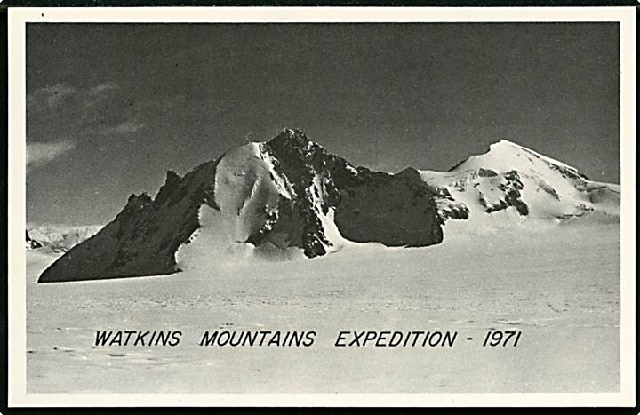 60 øre Hans Egede 250 år på uadresseret ekspeditionsbrevkort stemplet Aputiteq d. 18.7.1971 med sidestempel: Watkins Mountains Expedition 1971 og underskrift fra ekspeditionsdeltagere 