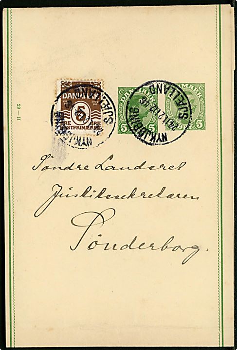 5 øre + 5 øre Chr. X provisorisk helsags korsbånd (fabr. 29-H) opfrankeret med 5 øre Bølgelinie fra Nykjøbing Sjælland d. 24.11.1921 til Sønderborg. 