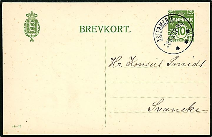 10 øre helsagsbrevkort (fabr. 84-H) annulleret med brotype IIIb Østermarie d. 20.6.1927 til Svaneke.