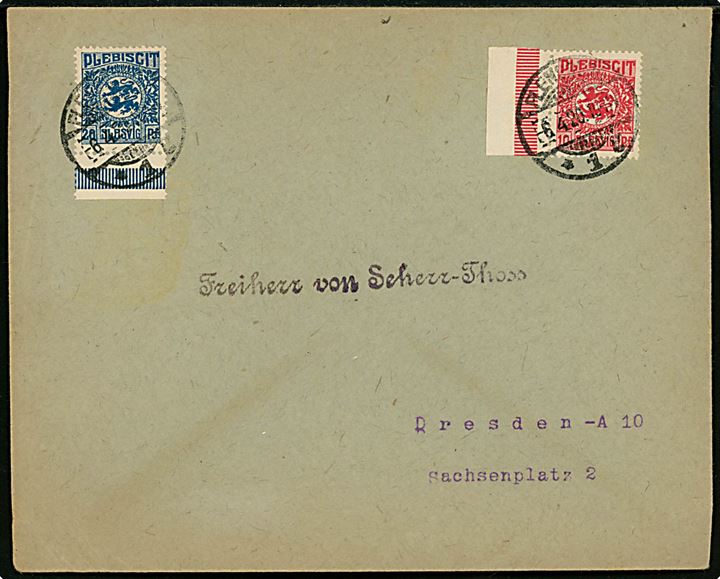 10 pfg. og 20 pfg. Fælles udg. på brev fra Flensburg d. 6.4.1920 til Dresden, Tyskland.