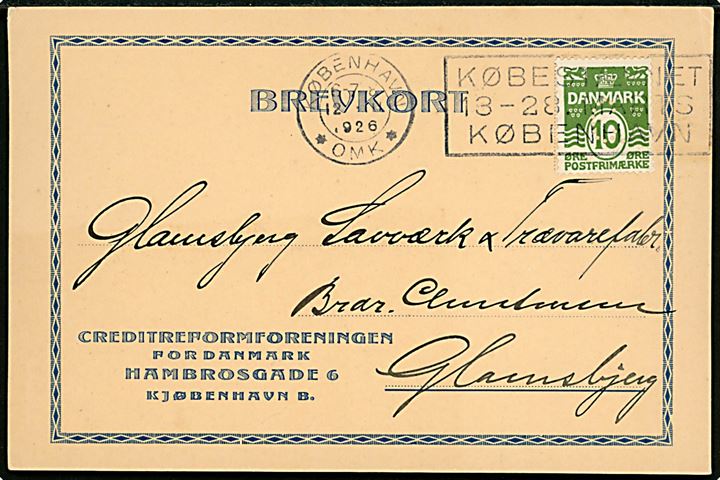 10 øre Bølgelinie med perfin C. på brevkort fra Creditforeningen for Danmark i København d. 12.3.191926 til Glamsbjerg.