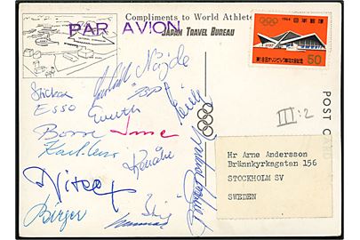 Olympiade 1964 Tokyo. 50 yen OL mærke på luftpost brevkort med autografer fra flere svenske OL-deltagere til Stockholm, Sverige. Uden poststempel og med fold. Blandt autografer ses bl.a. gymnasterne Bengt Nåjde, Kjell-Åke Nilsson, Karl-Uno Olofsson og Birger Asplund.