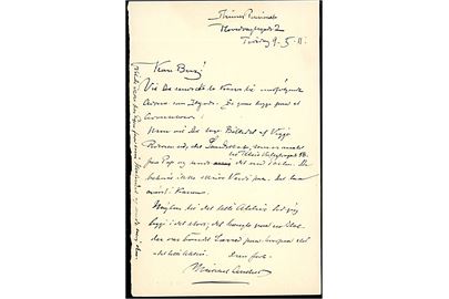 Michael Ancher. Brev dateret Thunes Pensionat, Hovedvagtsgade 2 i København d. 9.5.1911. Interessant indhold som omtaler forsendelse af 2 malerier - bl.a. skriver Ancker at det ene kan sendes med posten og - DE BEHØVER IKKE AT SKRIVE VÆRDI PAA. Tydelig underskrift Michael Ancher.  Uden kuvert.