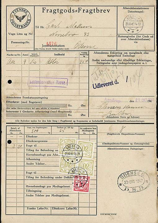 Fyenske Privatbaner. Fragtgods-Fragtbrev med 10 øre og 80 øre (4) O.K.M.J. (= Odense-Kerteminde-Martofte Jernbane) fragtmærker annulleret med brotype IIc poststempel AGEDRUP d. 21.10.1942 til Odense. Lidt nusset.