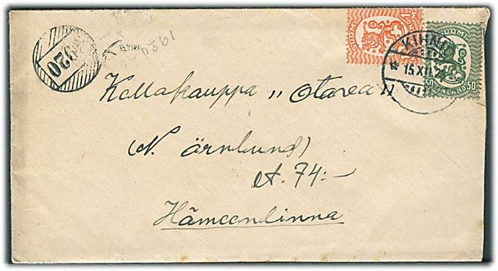 50 pen. og 1 mk. Løve på brev fra Kihnio d. 15.12.1928 og sidestemplet med nr.stempel 1920 til Hämeenlinna.
