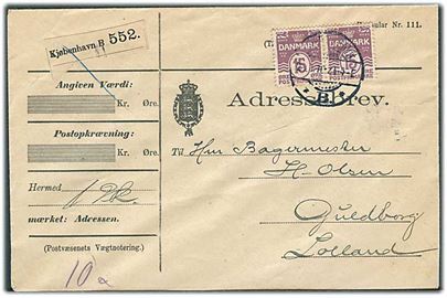 15 øre Bølgelinie i parstykke på adressebrev for pakke fra Kjøbenhavn d. 28.1.1910 til Guldborg på Lolland.