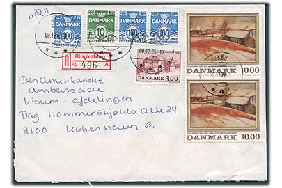 10 øre, 100 øre (3) Bølgelinie, 3 kr. Tønder Statsseminarium og 10 kr. Syberg (2) på anbefalet brev fra Ringkøbing d. 8.12.1988 til København