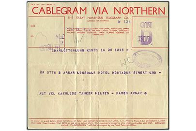 Cablegram via Northern telegram formular Ldn.C 1027 (1939-1.000.000) Ldn. med meddelelse fra Charlottenlund, Danmark til London. Ovalt stempel: Passed by No. 59 Censor / * Telegraph Censorship *.