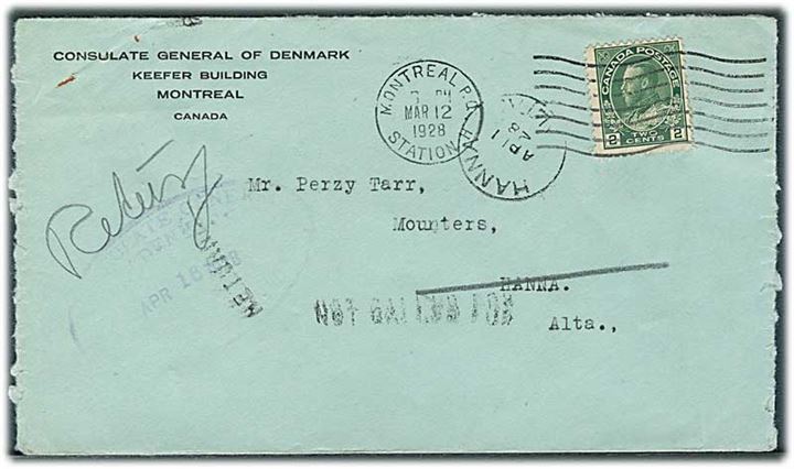 2 c. George V på fortrykt kuvert fra danske generalkonsulat i Montreal d. 12.3.1928 til Hanna, Alta. Retur som ubekendt. Åbnet 3 sider.