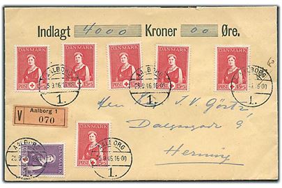 10+5 øre og 15+5 øre (6) Røde Kors på værdibrev fra Aalborg d. 25.9.1946 til Herning.