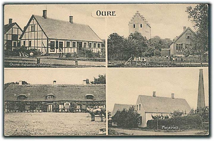 Oure. Partier med kirke, købmandshandel og mejeriet. Hvidtfeldt no. 27035.