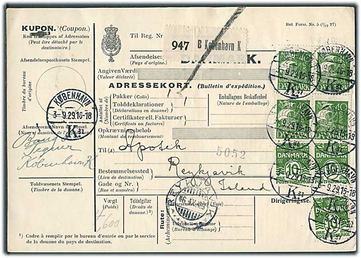 10 øre Bølgelinie (3) og 40 øre Karavel (4) på 1,90 kr. frankeret internationalt adressekort for pakke fra København d. 3.9.1929 til Reykjavik, Island. Ank.stemplet Reykjavik d. 16.9.1929.