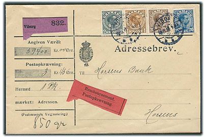 20 øre, 25 øre, 1 kr. og 2 kr. Chr. X på 3,45 kr. frankeret adressebrev for værdipakke med opkrævning fra Viborg d. 10.11.1916 (utydelig) til Horsens.