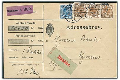 20 øre og 1 kr. (3-stribe) Chr. X på 3,20 kr. frankeret adressebrev for værdi-ilpakke fra Kjøbenhavn d. 22.2.1915 til Horsens.