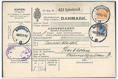 30 øre og 1 kr. Chr. X på internationalt adressekort for pakke fra Kjøbenhavn d. 3.10.1923 til Stockholm, Sverige.