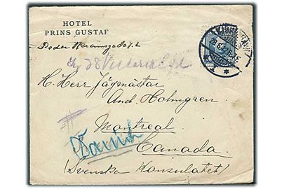 20 øre Fr. VIII på brev fra Hotel Prins Gustaf stemplet Kjøbenhavn d. 28.6.1912 Montreal, Canada.