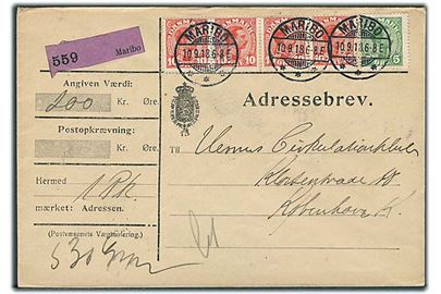 5 øre og 10 øre (4) Chr. X på adressebrev for værdipakke fra Maribo d. 10.9.1918 til Kjøbenhavn. Påskrevet Let.