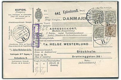 20 øre og 50 øre (3) Chr. X på internationalt adressekort for pakke fra København d. 26.2.1924 til Stockholm, Sverige.