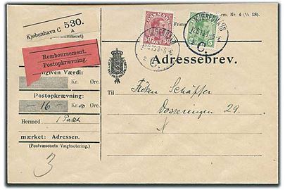 5 øre og 50 øre Chr. X på adressebrev for lokalpakke med opkrævning i Kjøbenhavn d. 12.6.1919.