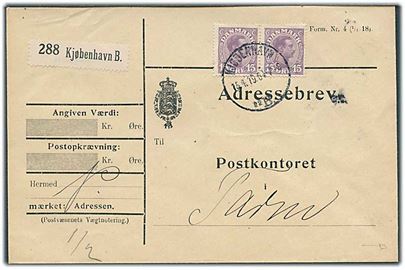 15 øre Chr. X i parstykke på adressebrev for pakke fra Kjøbenhavn d. 15.4.1919 til Tarm.