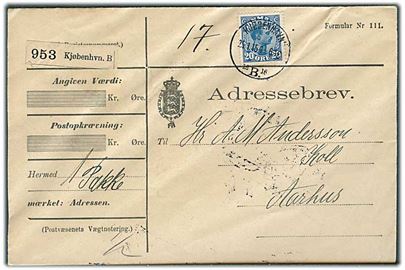 20 øre Chr. X på adressebrev for pakke fra Kjøbenhavn d. 25.1.1915 til Aarhus.