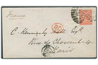 4d Victoria på brev annulleret med nr.stempel 49 fra London d. 30.1.1868 til Paris, Frankrig.