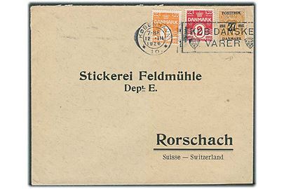 1 øre, 2 øre Bølgelinie og 27/29 øre Provisorium på brev fra København d. 12.3.1926 til Rorschach, Schweiz.