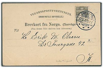 3 øre Bølgelinie med variant Lille T i Post på lokalt brevkort stemplet Brønshøj d. 21.9.1910 til København. AFA: 1000,-