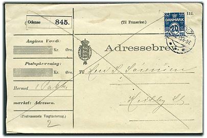 20 øre Bølgelinie single på adressebrev for pakke fra Odense d. 20.12.1913 til Kulby pr. Høng.