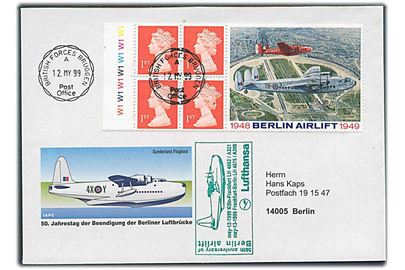 Berlin Airlift blok udg. på filatelistisk brev annulleret med feltpoststempel fra British Forces Bruggen d. 12.5.1999 til Berlin.