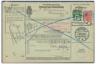 10 øre Bølgelinie og 20 øre Chr. X på lokal retur Postindkassering/Indkasserings-Postanvisning i Aalborg d. 11.9.1926.