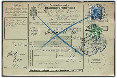 10 øre Bølgelinie og 20/40 øre Provisorium på retur Indkasserings-Postanvisning fra Nibe d. 1.12.1926 til Godthaab St.