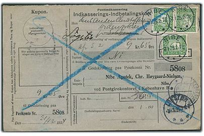 10 øre Chr. X single, samt 10 øre Chr. X og 10 øre Chr. IV Postjubilæum i sammentrykt parstykke på retur Indkasserings-Indbetalingskort fra Nibe d. 2.1.1925 til Sebbersund - eftersendt til Løgstør.