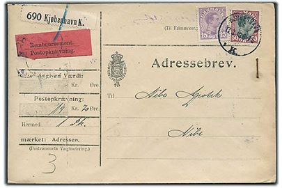 15 øre og 50 øre Chr. X på adressebrev for pakke med opkrævning fra Kjøbenhavn d. 17.3.1919 til Nibe.