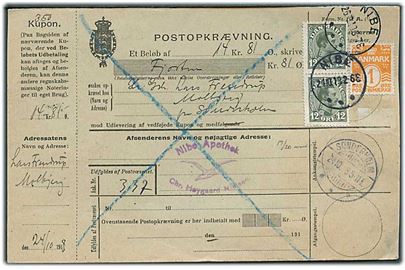 1 øre Bølgelinie og 12 øre Chr. X i parstykke på retur Postopkrævning fra Nibe d. 24.10.1918 til Sønderholm.