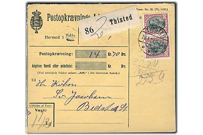 50 øre Chr. X i parstykke på Postopkrævningsadressekort for pakke fra Thisted d. 28.1.1921 til Bedsted.