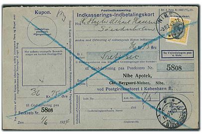 35 øre Chr. X single på retur Indkasserings-Indbetalingskort fra Nibe d. 3.6.1924 til Sønderholm.