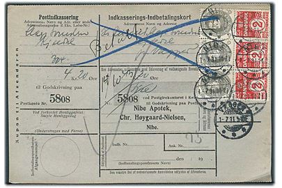 2 øre Bølgelinie og 8 øre Chr. X 60 år i 3-striber på retur Indkasserings-Indbetalingskort fra Nibe d. 1.7.1931 til Vægger.