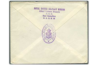 Ufrankeret feltpostbrev med svagt stempel Field Post Office 302 d. 27.11.1947 til Lübeck. På bagsiden stemplet: Royal Danish Military Mission, Allied Liaison Branch CCG Bad Salzuflen BAOR 15 og skjoldstempel: Royal Danish Military Mission.