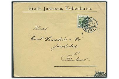 5 øre Fr. VIII med perfin “B.J.” på firmakuvert fra Brødr. Justesen sendt som tryksag fra Kjøbenhavn d. 16.6.1908 til Jacobstad, Finland. Indlagt illustreret brevpapir.